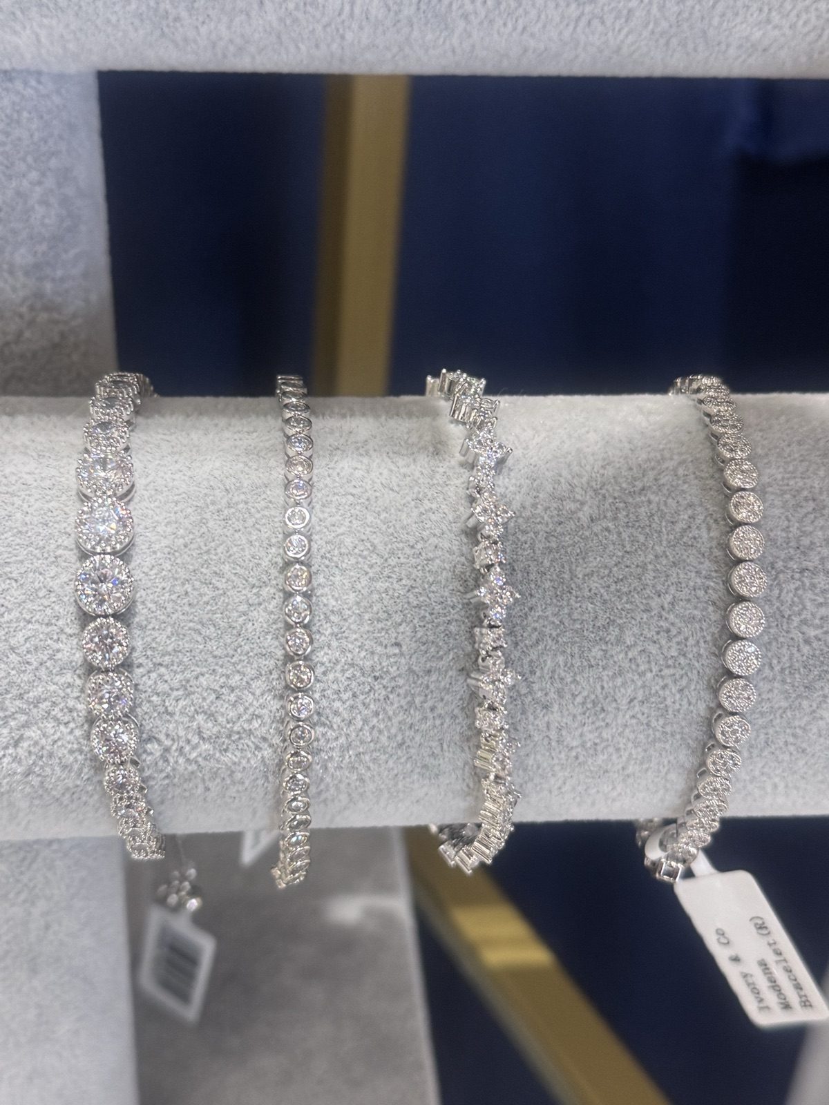 A row of diamant&eacute; bridal bracelets on display