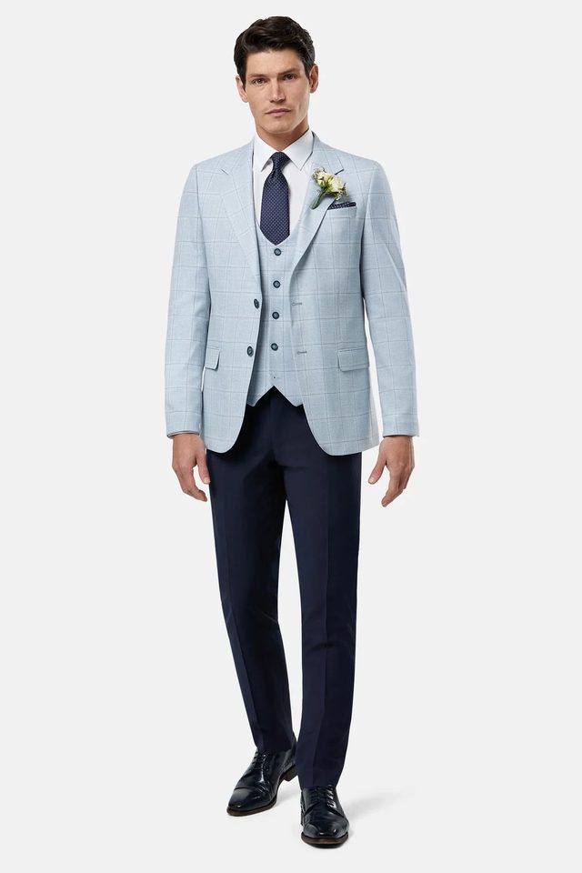 Andrew wedding suit in sky by Benetti, to buy at Isobels