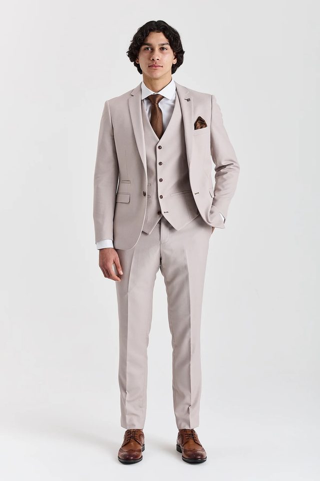 Mayfair wedding suit in stone by Paul Andrew, to buy at Isobels
